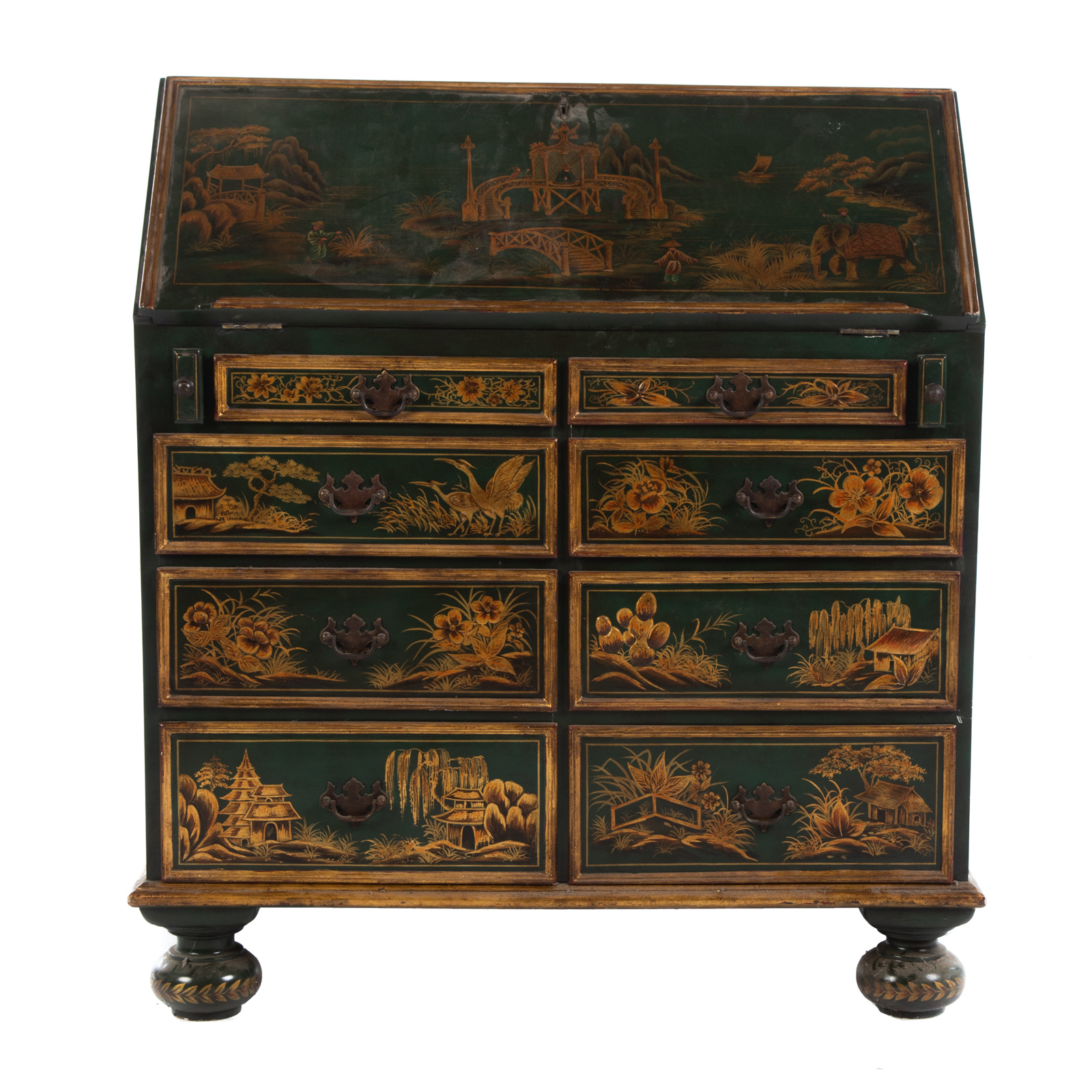 Appraisal: WILLIAM MARY STYLE JAPANNED SLANT FRONT DESK With elaborate Japanned