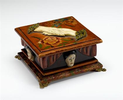 Appraisal: Carved and painted keepsake box The squared molded and hinged