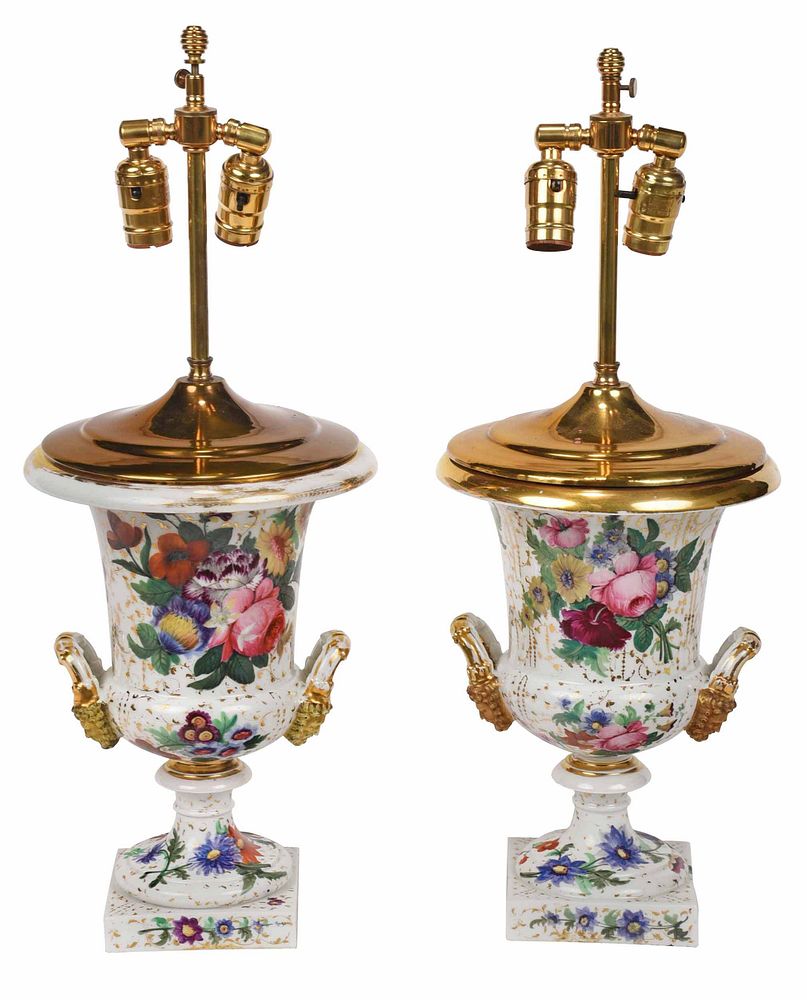 Appraisal: Pair Porcelain Floral and Gilt Decorated Lamps Continental th century