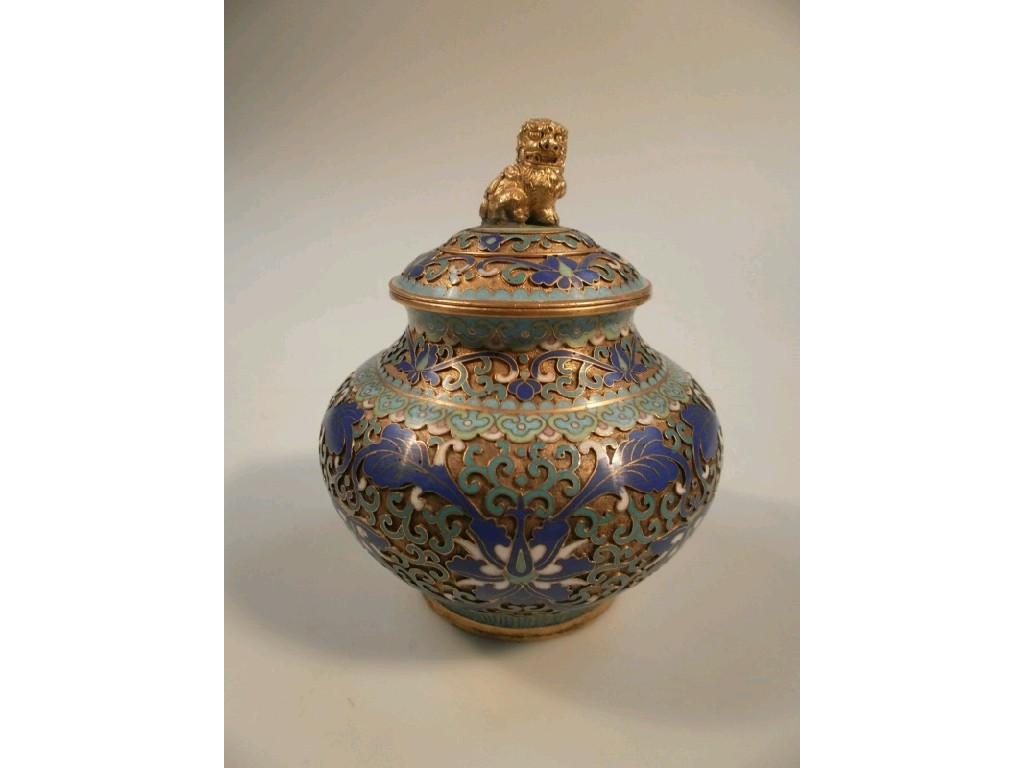 Appraisal: A cloisonne baluster jar and cover with gilt metal Dog