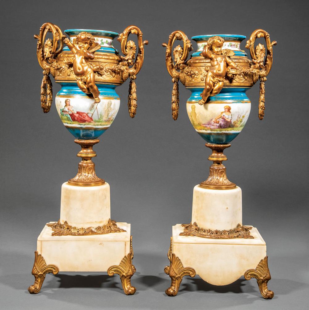 Appraisal: Pair of Beaux Arts Bronze-Mounted Sevres-Style Urns scroll and wreath