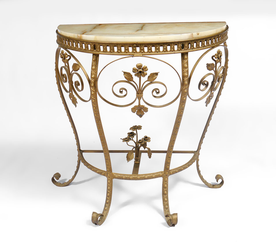 Appraisal: ALABASTER TOP GILT METAL SIDE TABLE Demi lune alabaster top