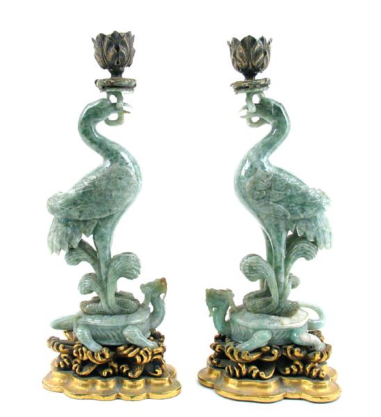 Appraisal: A pair of Chinese jadeite phoenix on tortoise carvings repair