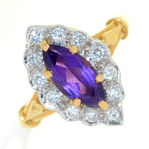 Appraisal: An amethyst and diamond navette cluster ring in ct gold