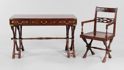 Appraisal: Campaign Style Brass-Inlaid Desk and Chair probably India early th