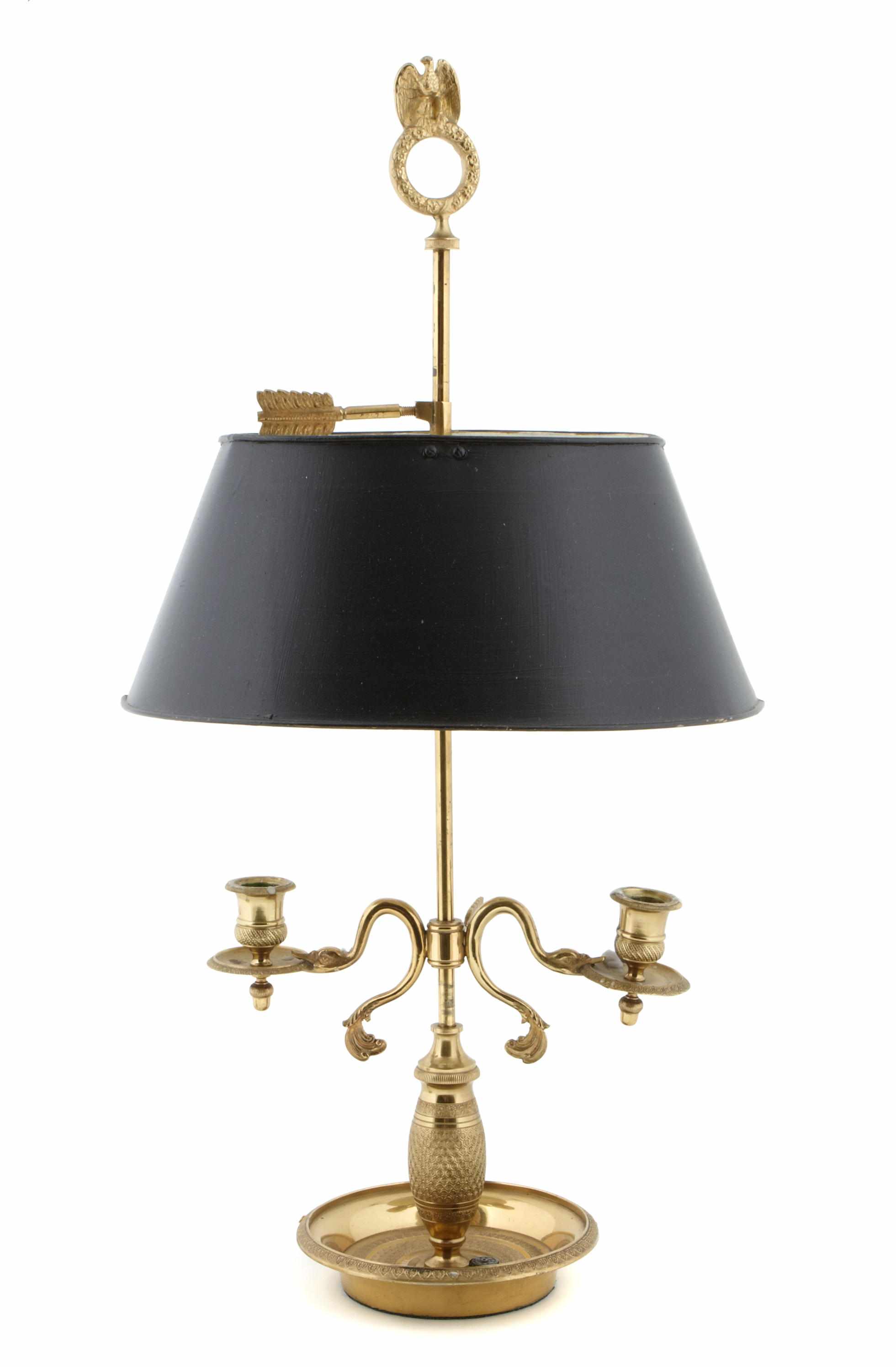 Appraisal: A gilt metal and tole bouillotte lamp height in width