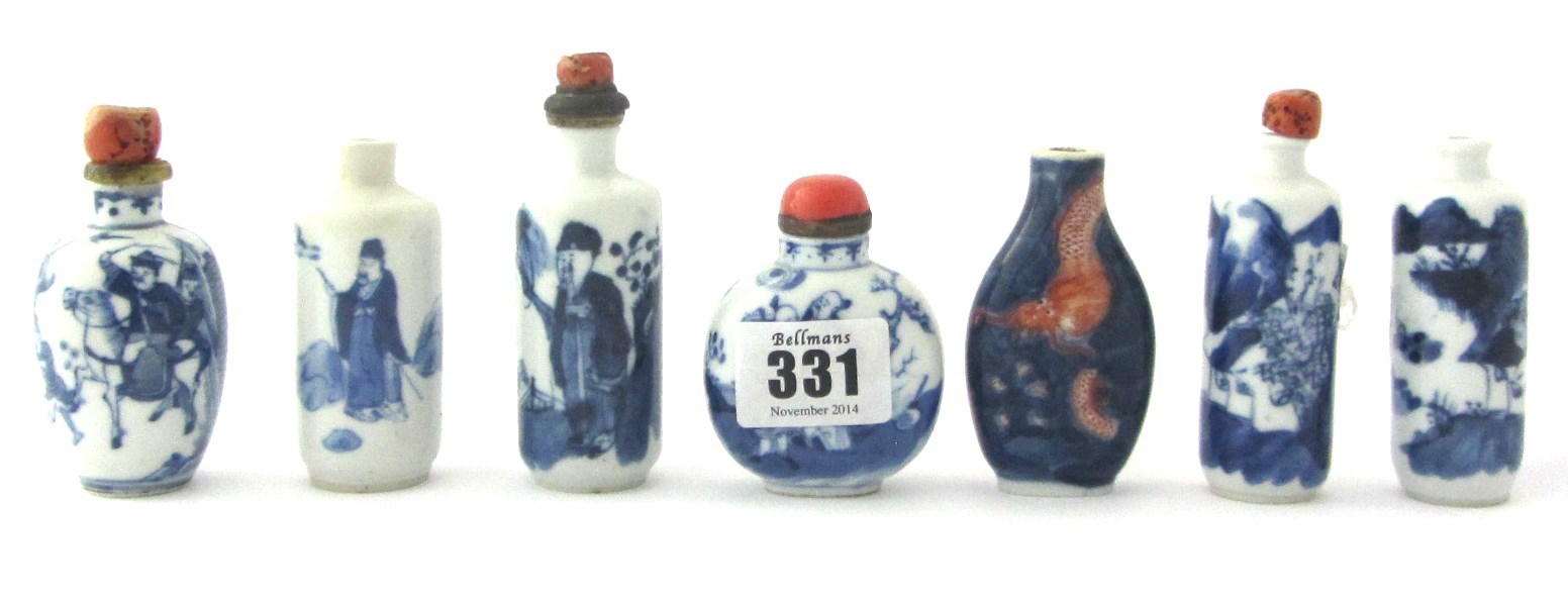 Appraisal: Six Chinese blue and white snuff bottles late th th