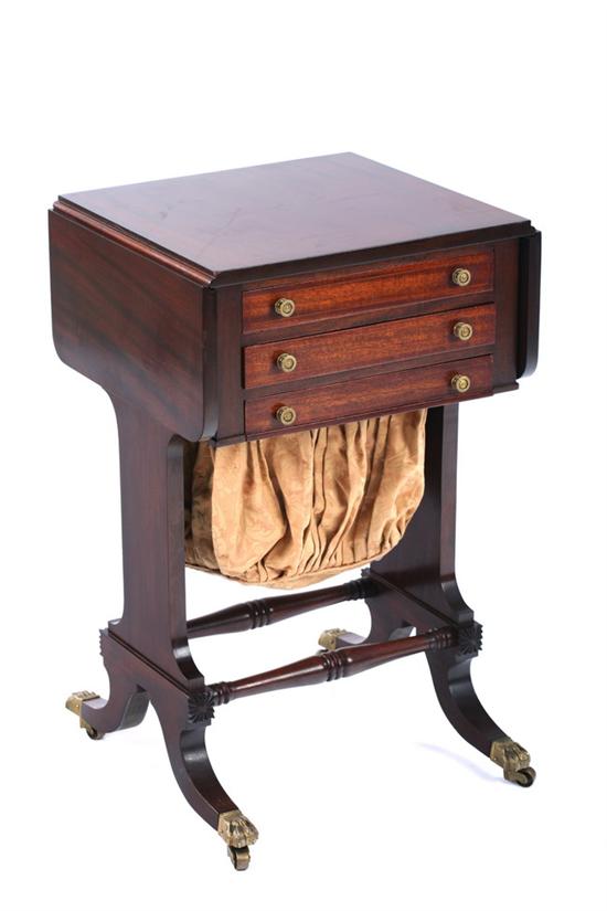 Appraisal: AMERICAN CLASSICAL PERIOD MAHOGANY DROP LEAF THREE DRAWER SEWING TABLE