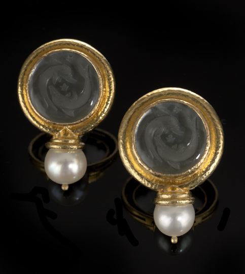 Appraisal: Pair of Elizabeth Locke Eighteen-Karat Yellow Gold Pearl and Intaglio