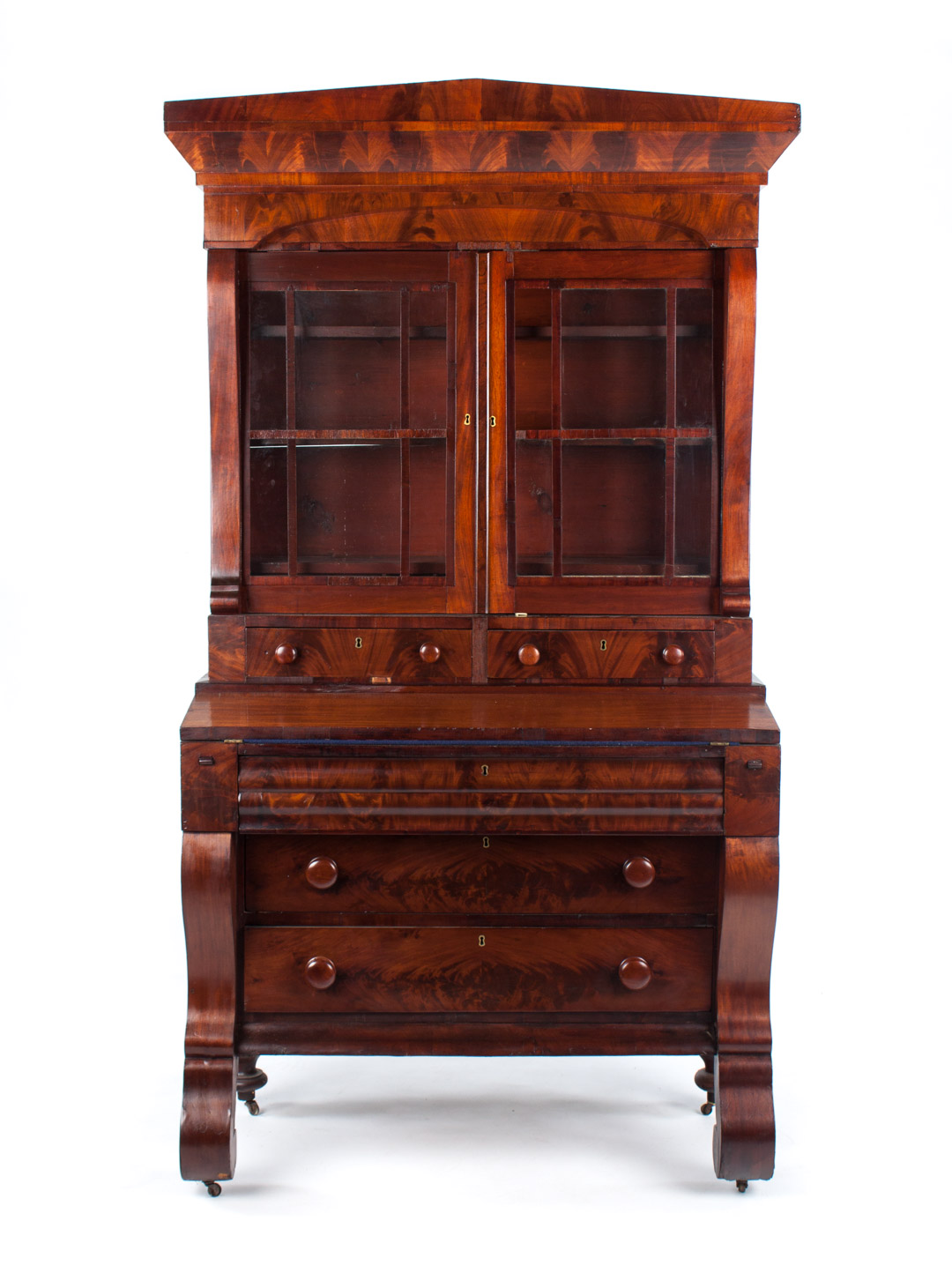 Appraisal: American Restoration mahogany secretary desk New England circa pedimented cornice