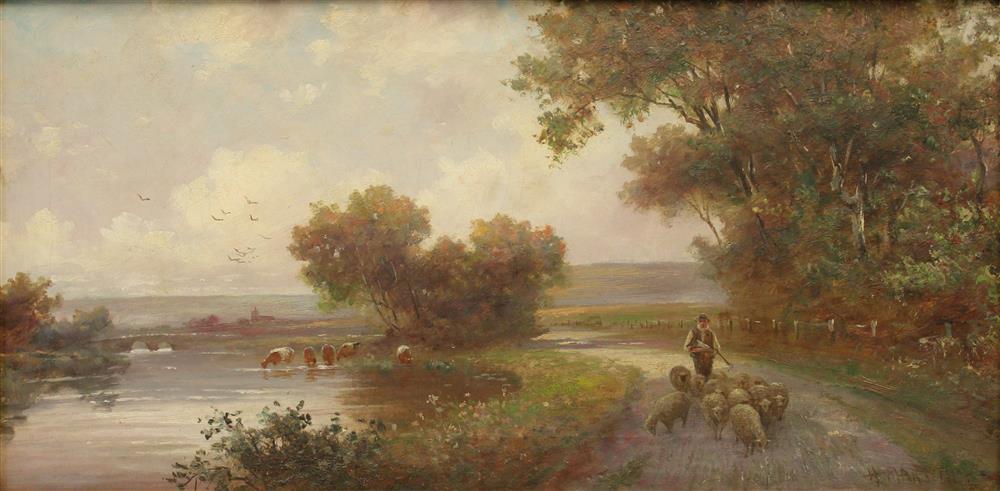 Appraisal: HENRY MARTIN BRITISH SHEPHERD AND FLOCK AMONGST FARM LANDSCAPE Oil