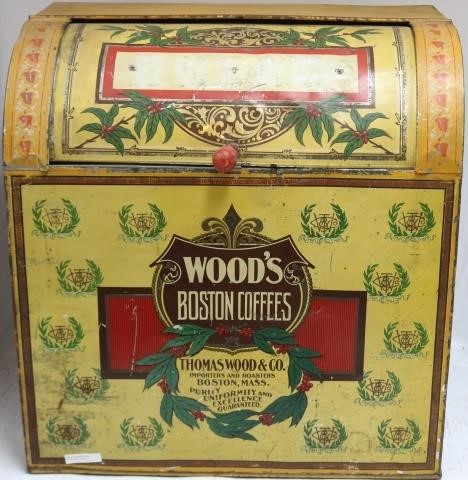 Appraisal: PAINTED COUNTRY STORE COFFEE TIN WOODS BOSTONCOFFEE BOSTON MASS ROLL-TOP