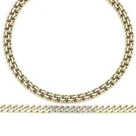 Appraisal: Gold Curb Link Necklace and Gold and Diamond Curb Link