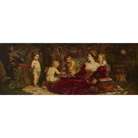 Appraisal: Franz Lefler - MAIDEN PLAYING CHESS WITH PUTTI Oil on