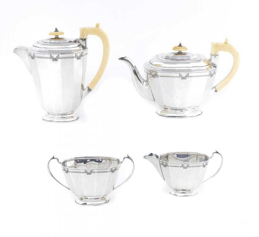 Appraisal: AN ART DECO FOUR PIECE TEA SERVICE of panelled oblong