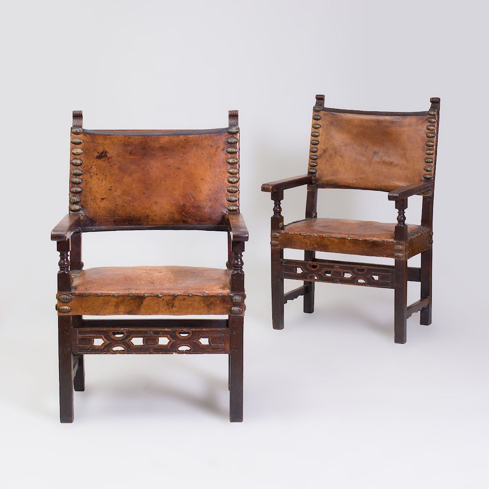 Appraisal: Pair of English Walnut and Oak Armchairs in the Italian