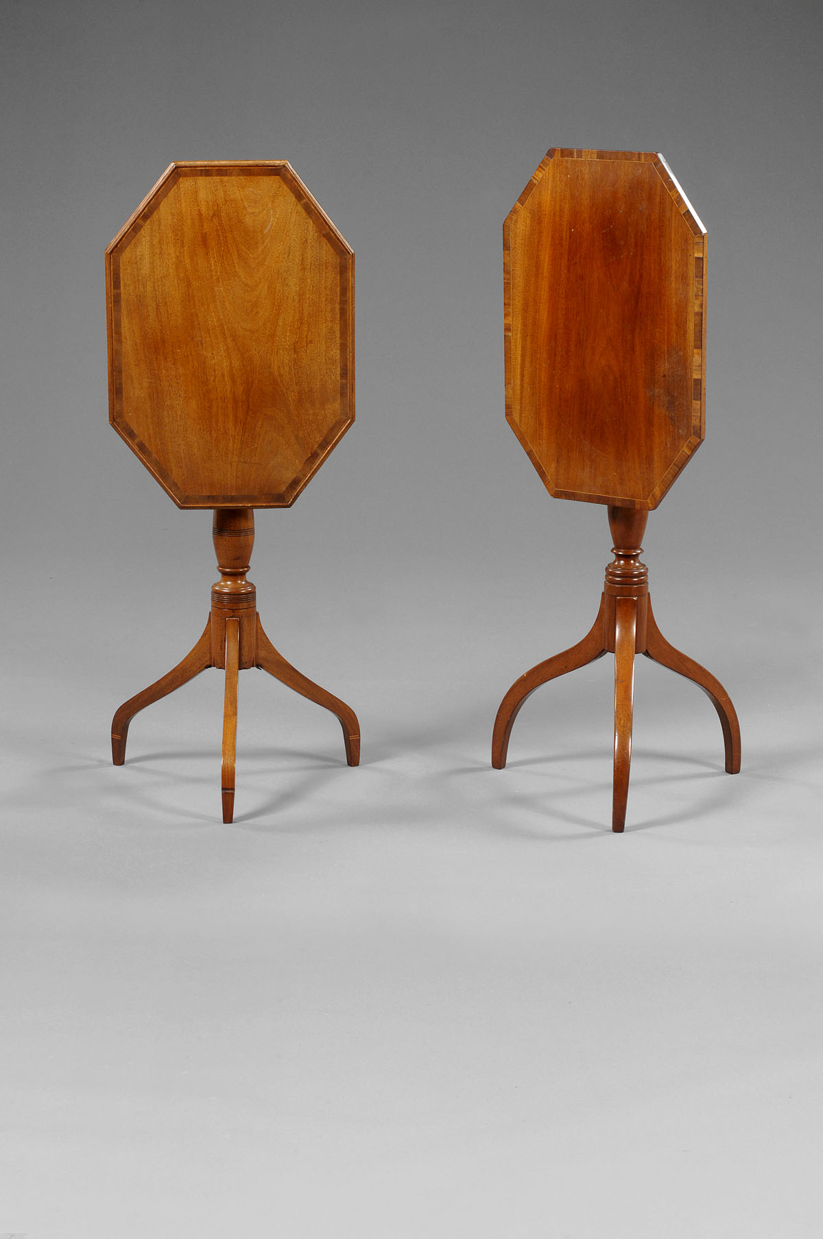 Appraisal: TWO SIMILAR MASSACHUSETTS FEDERAL INLAID BIRCH TILT TOP CANDLESTANDS Each