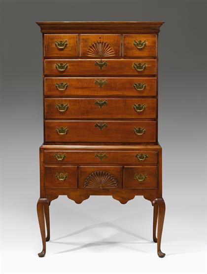 Appraisal: Queen Anne tiger maple high chest possibly connecticut circa The