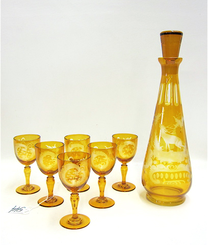 Appraisal: PIECE SET BOHEMIAN GLASS DECANTER STEMWARE amber cut to clear