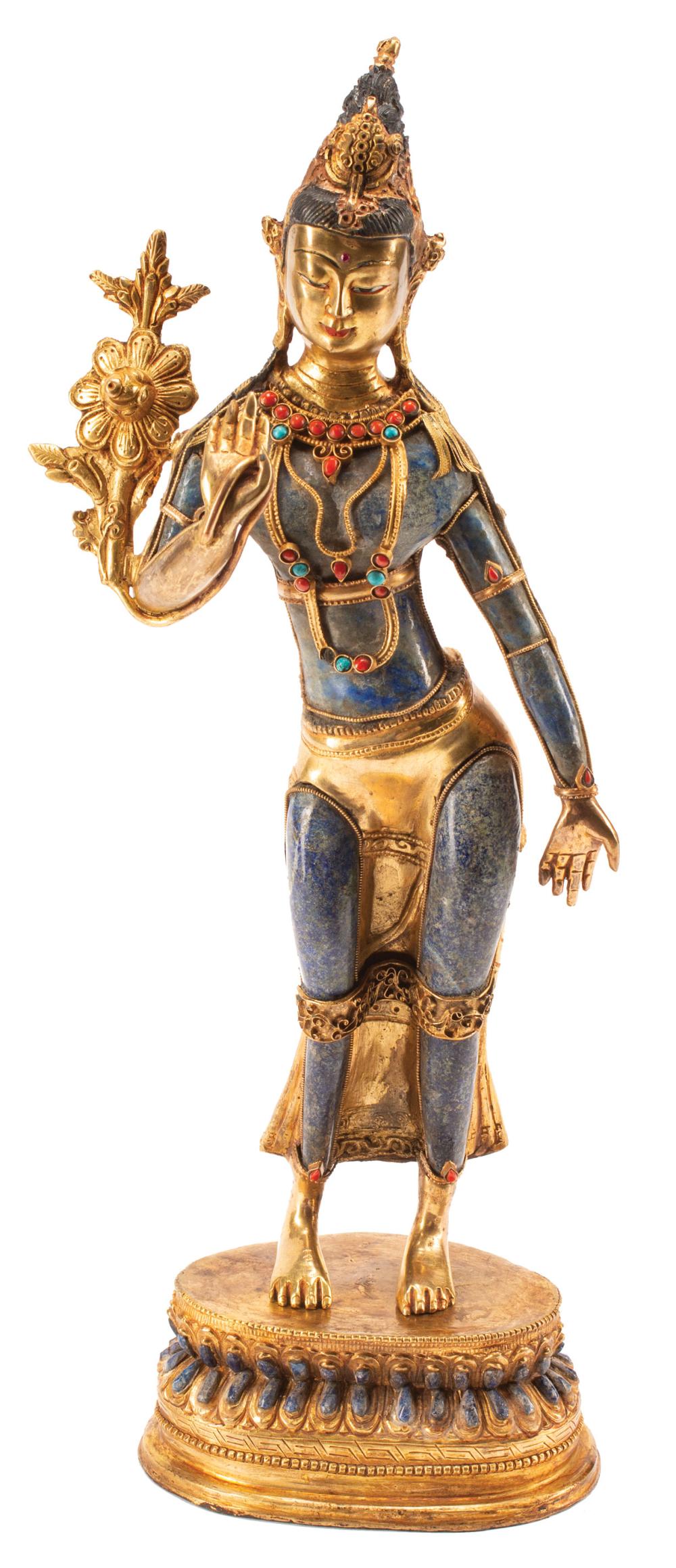 Appraisal: Tibetan Gem-Embellished Gilt Bronze-Mounted Lapis Lazuli Figure of Tara th