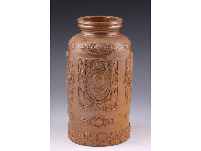 Appraisal: Renaissance Style Stoneware Canister th century or earlier brown glazed