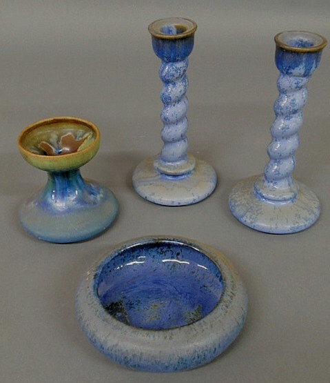 Appraisal: Four pieces blue signed Fulper art pottery- candlesticks h a