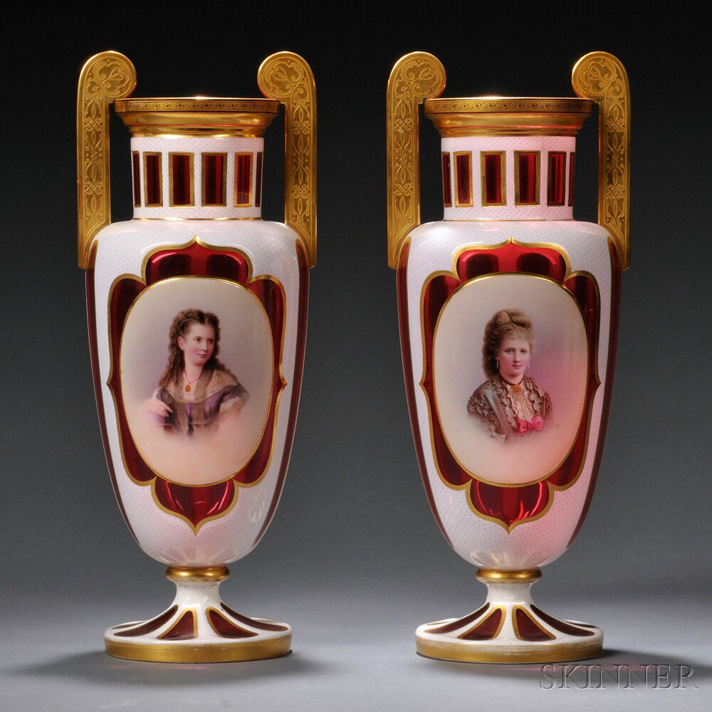 Appraisal: Pair of Bohemian Overlay Glass Portrait Vases th century each