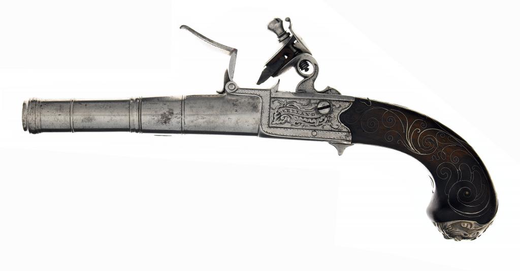 Appraisal: A FLINTLOCK POCKET PISTOL the cm turn-off cannon barrel numbered