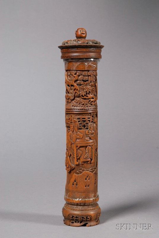 Appraisal: Incense Cylinder China th century hardwood carved and pierced with