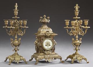 Appraisal: French Three Piece Bronze Clock Set th c with a