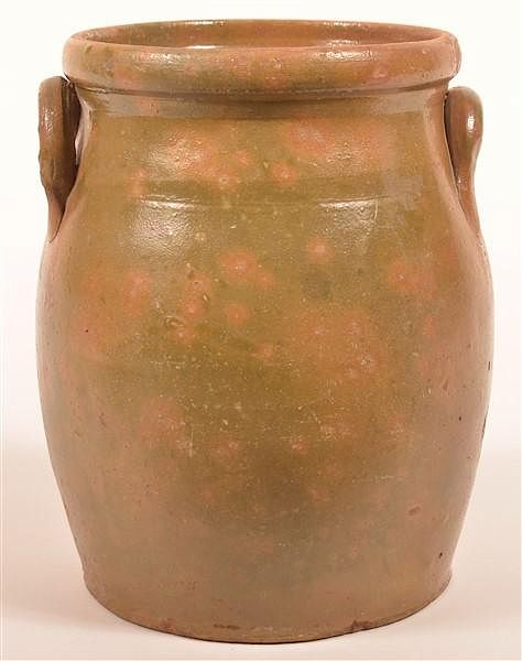 Appraisal: Green and Orange Glazed Redware Crock Green and Orange Glazed