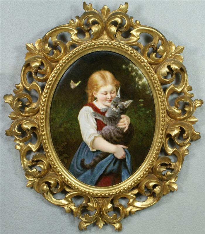 Appraisal: KPM porcelain plaque Young Girl With Cat and Butterfly x