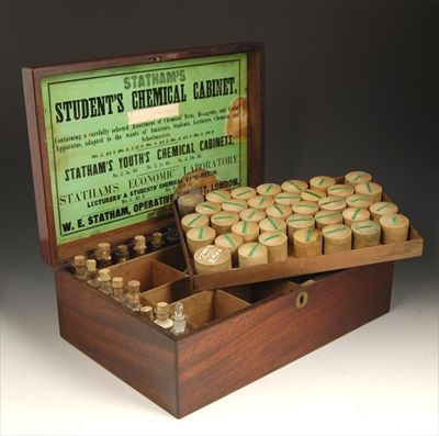 Appraisal: Stratham's student's chemical cabinet contained in a mahogany box with