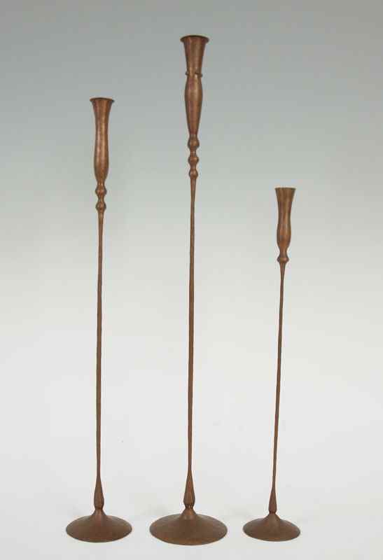 Appraisal: HESSEL STUDIOS COPPER CANDLES AND BUD VASE Hand hammered copper