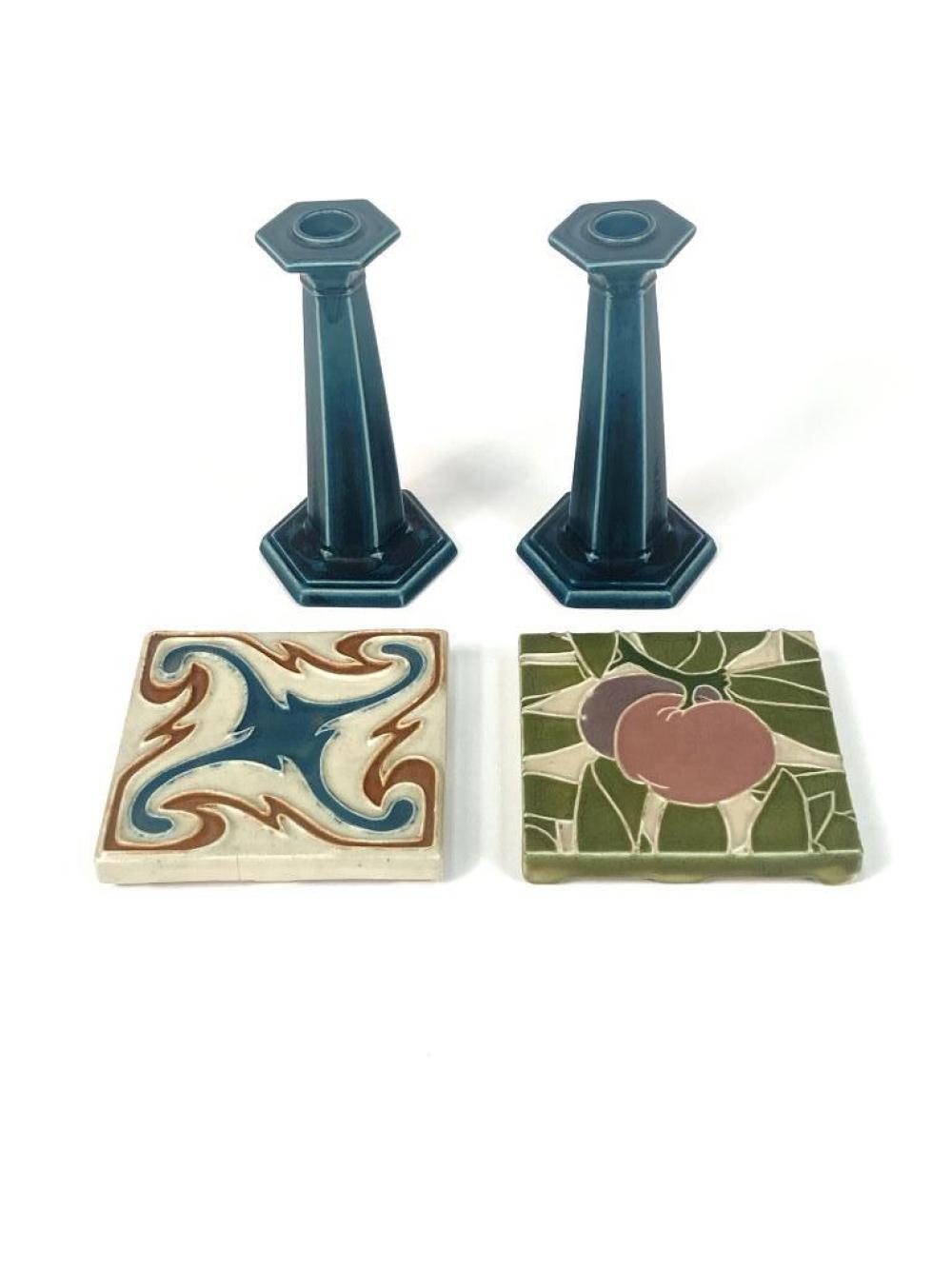 Appraisal: ROOKWOOD PC POTTERY PR BLUE CANDLESTICKS FRUIT TILE RAISED SWIRL