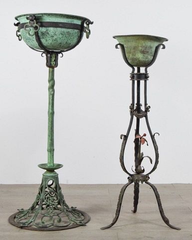 Appraisal: Green Patinated Iron Planters on Stands H x -diameter at