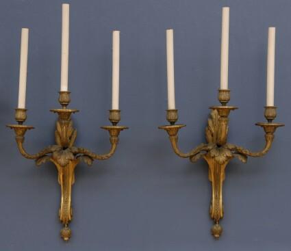 Appraisal: PAIR OF LOUIS XVI-STYLE GILT-BRONZE THREE-LIGHT WALL APPLIQU S Each