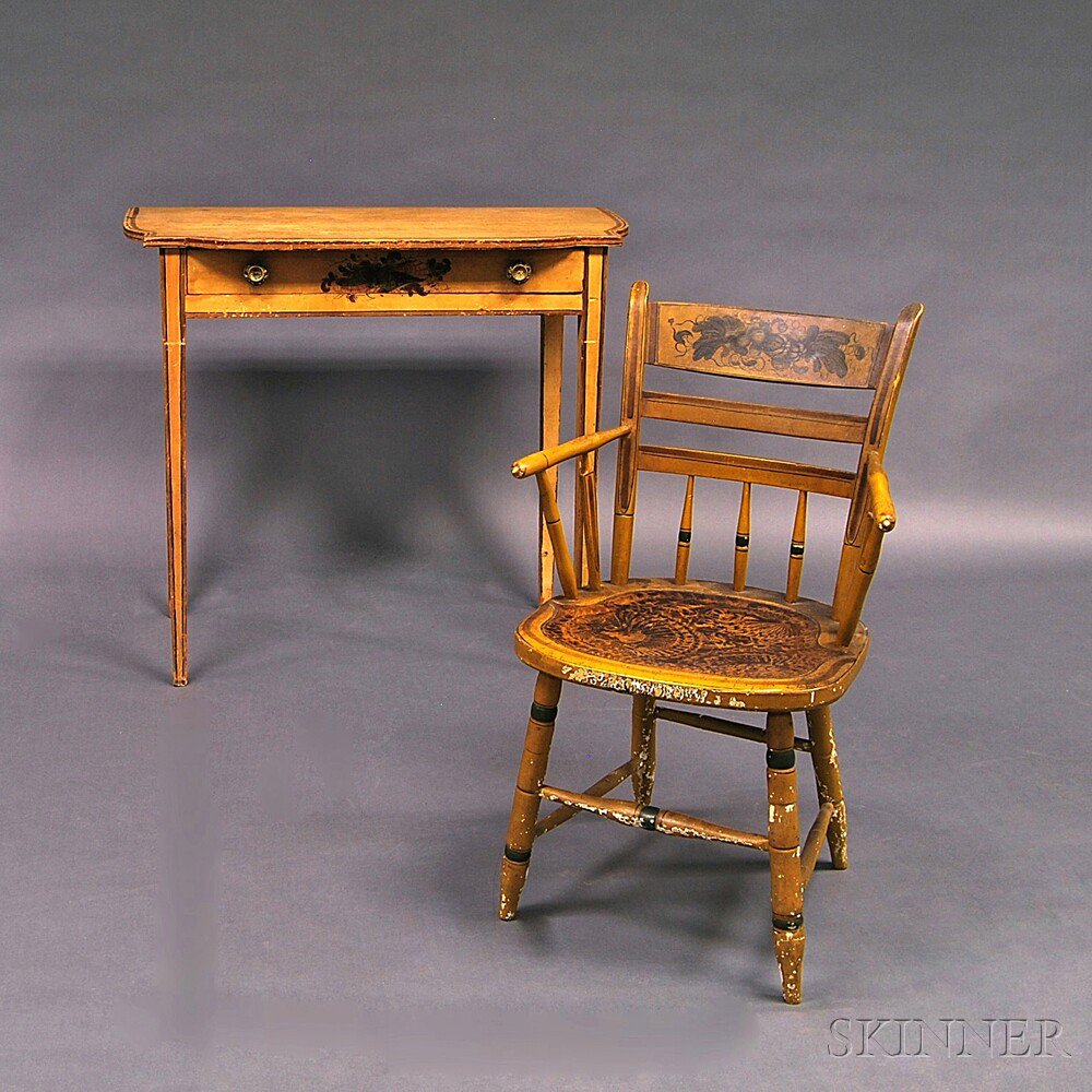 Appraisal: Yellow-painted Stencil-decorated Dressing Table and Thumb-back Windsor Armchair New England