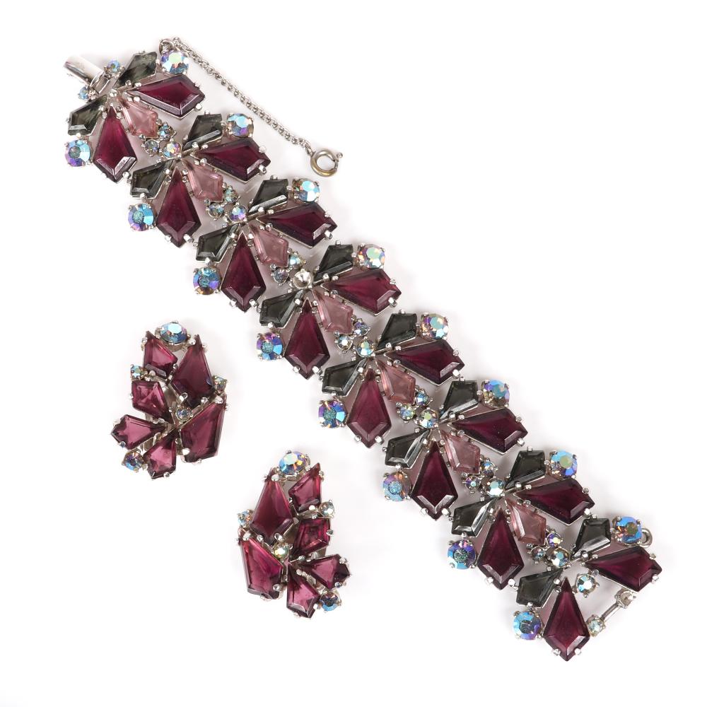 Appraisal: SCHIAPARELLI BRACELET AND EARRING SET WITH LARGE PURPLE DIAMOND SHAPED