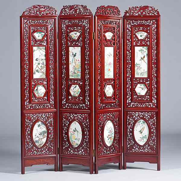 Appraisal: Chinese Carved Screen Chinese A four-panel carved and pierced mahogany