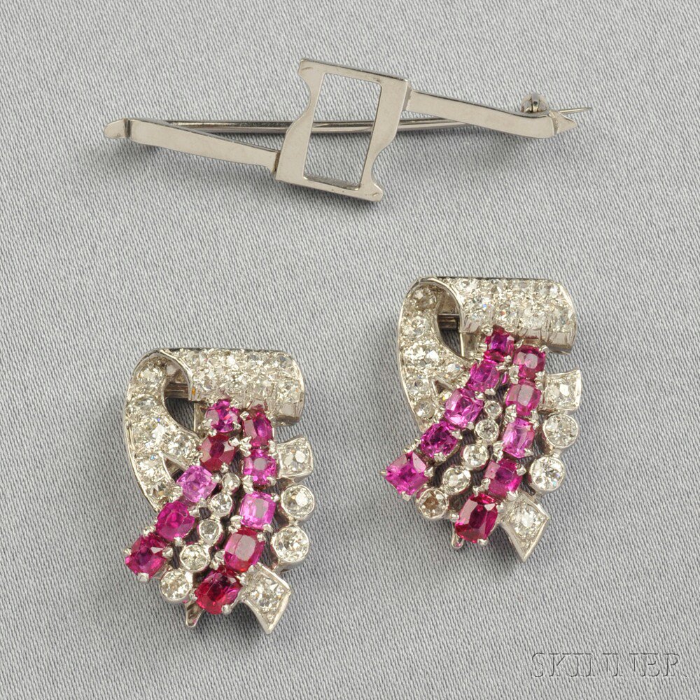 Appraisal: Platinum Ruby and Diamond Dress Clips each scroll set with