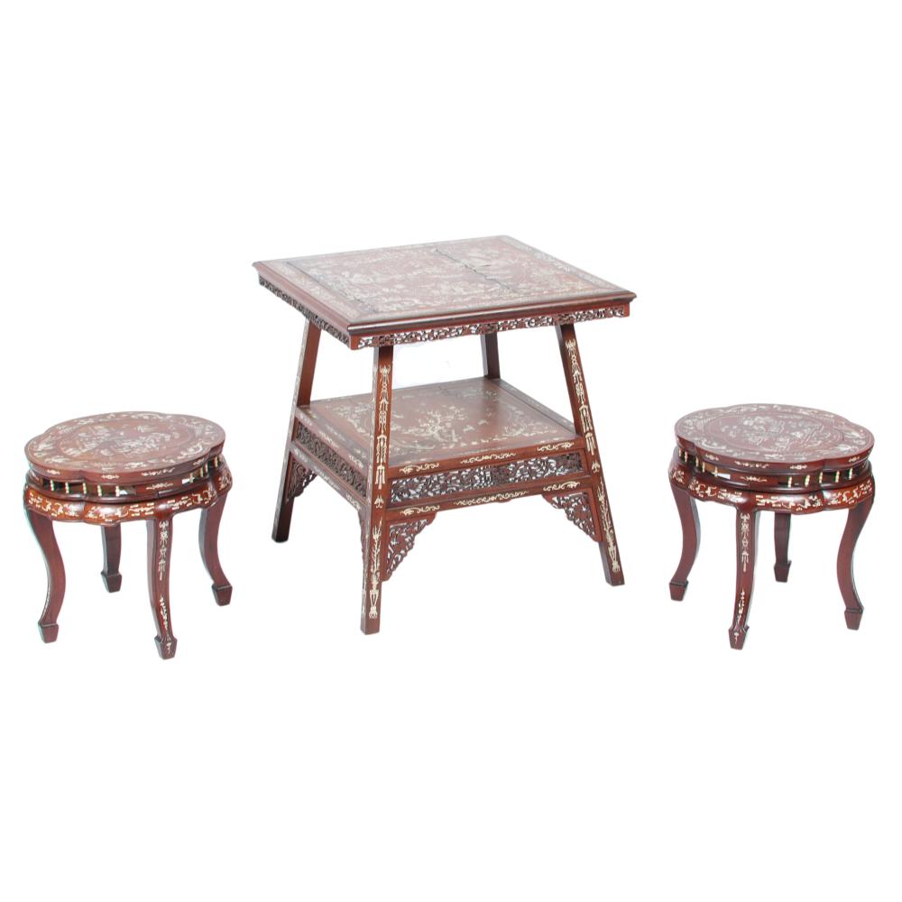 Appraisal: CHINESE PC INLAID HARDWOOD FURNITURE TWO TIER TABLE AND PAIR