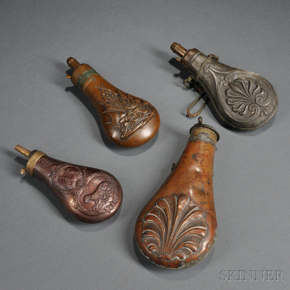 Appraisal: Four Powder Flasks c mid- th century a flask marked