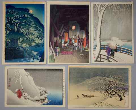 Appraisal: FIVE JAPANESE SHINHANGA PRINTS EISHO NARAZAKI Interior of Asakusa Temple