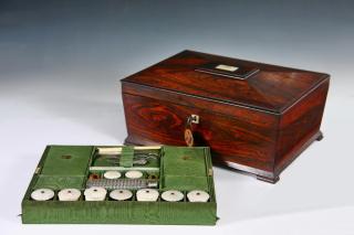 Appraisal: FANCY SEWING BOX WITH CONTENTS Civil War Era Rosewood and