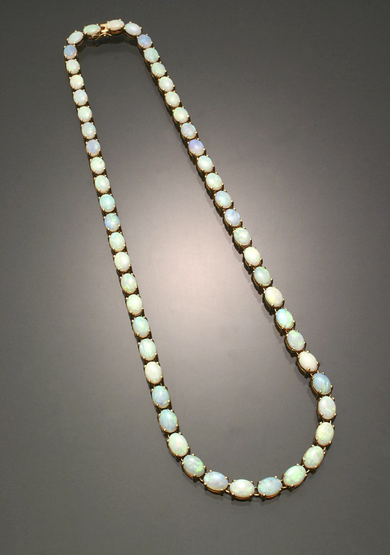 Appraisal: Choker Length -Karat Yellow-Gold and White Opal Necklace Having fifty-three