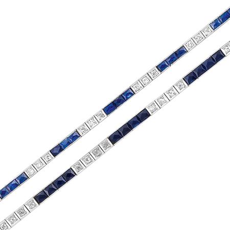 Appraisal: Two Diamond and Synthetic Sapphire Straightline Bracelets Estimate -