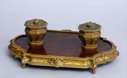 Appraisal: REGENCE-STYLE KINGWOOD PARQUETRY-INLAID GILT-BRONZE ENCRIER The shaped top with diamond