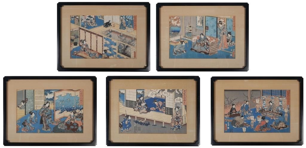 Appraisal: KUNISADA WOODBLOCK PRINTS GEISHA SAMURAIFive woodblock prints from the same