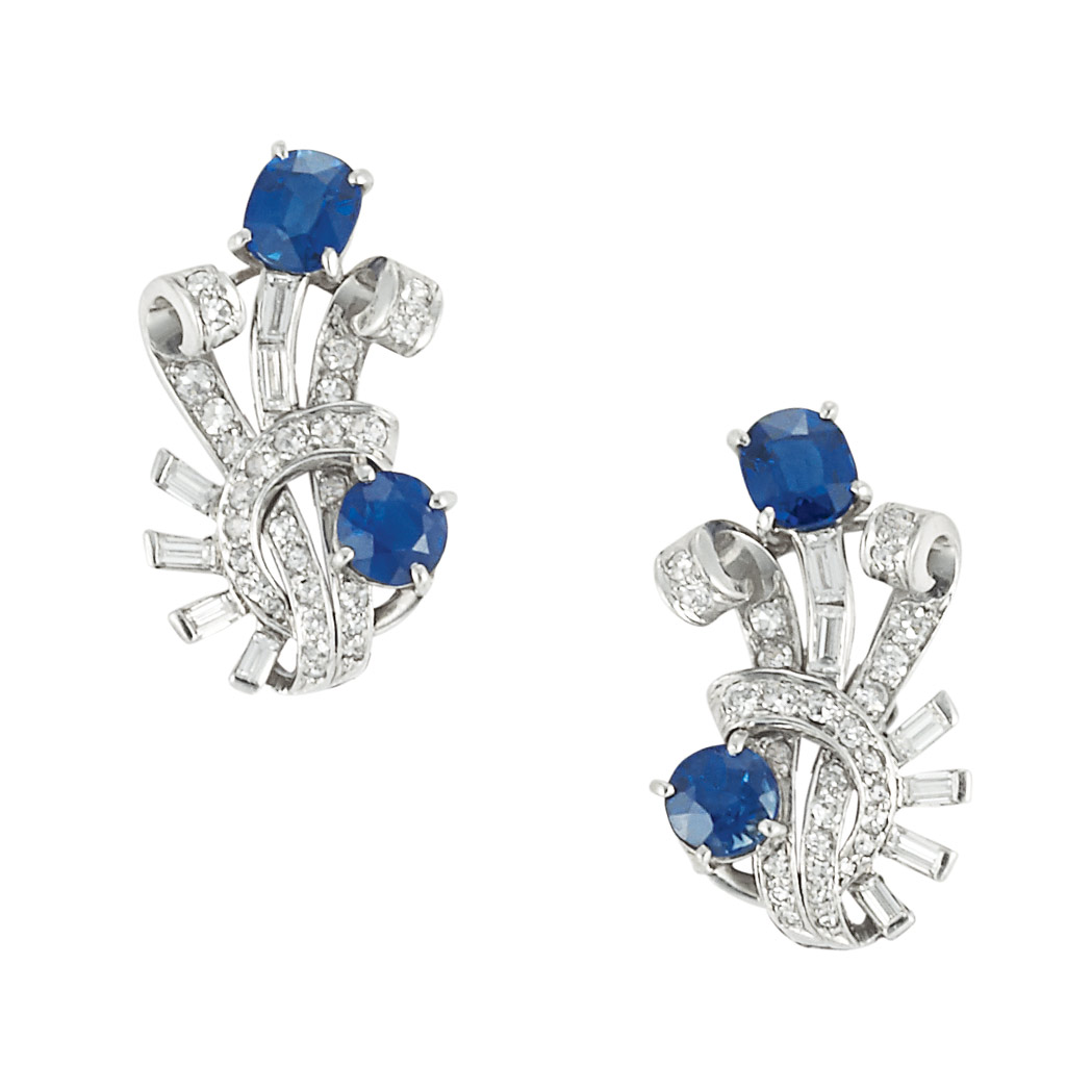 Appraisal: Pair of Platinum Sapphire and Diamond Earclips cushion-shaped round sapphires